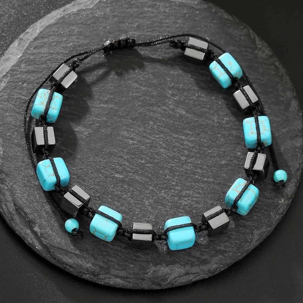 Meetvii Rectangle Black Onyx Stone Yoga Beaded Bracelets Adjustable Braided Fade-Resistant Jewelry for Men Women