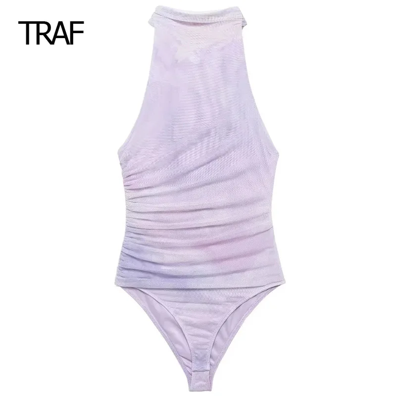 TRAF Tie Dye Tulle Bodysuits Women's Bodysuit Spring Summer 2024 Sleeveless Backless Lace-Up Halter Bodysuits Sexy Woman Bodys