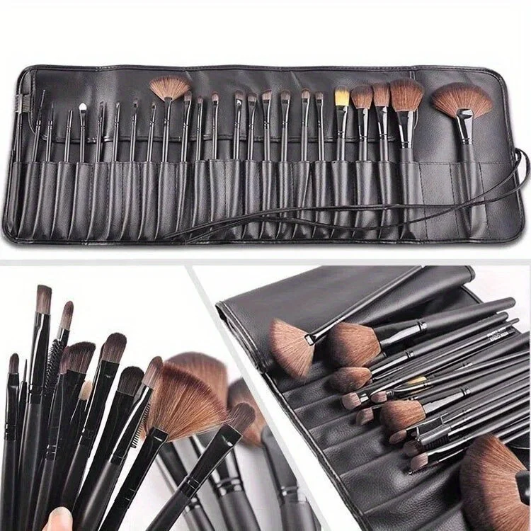 24pcs Female Professional Makeup Sets Cosmetics Brushes With Leather Bag Lip Brush Eye Shadow Brush Makeup Tools - Unscented