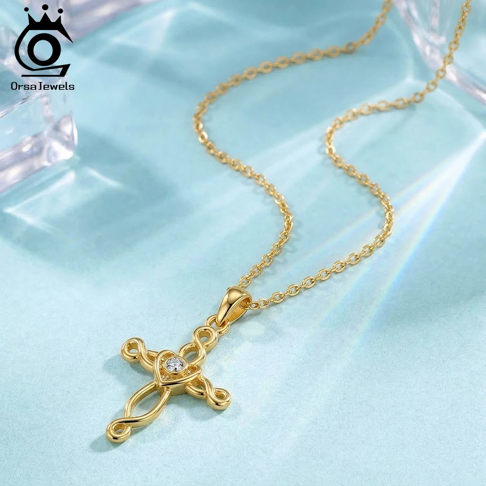 ORSA JEWELS Elegant Cross Pendant Necklace 925 Sterling Silver High-End Zircon Cross Choker Chain Fashion Party Jewelry SAPN68