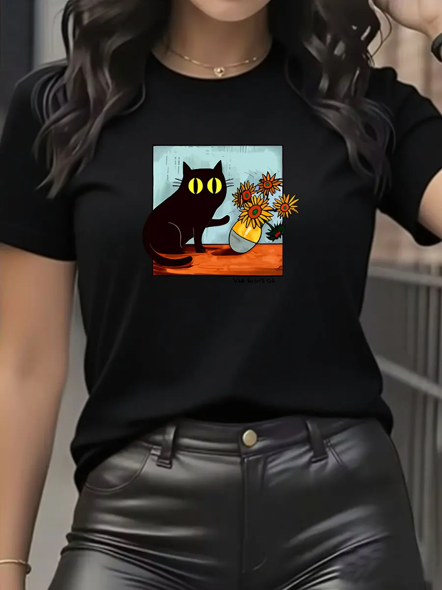 Van Gogh Cat Graphic T Shirts Men Women Flower Black Cat T-shirt Round Neck Cotton Short Sleeve Trendy Tee Shirt Streetwear