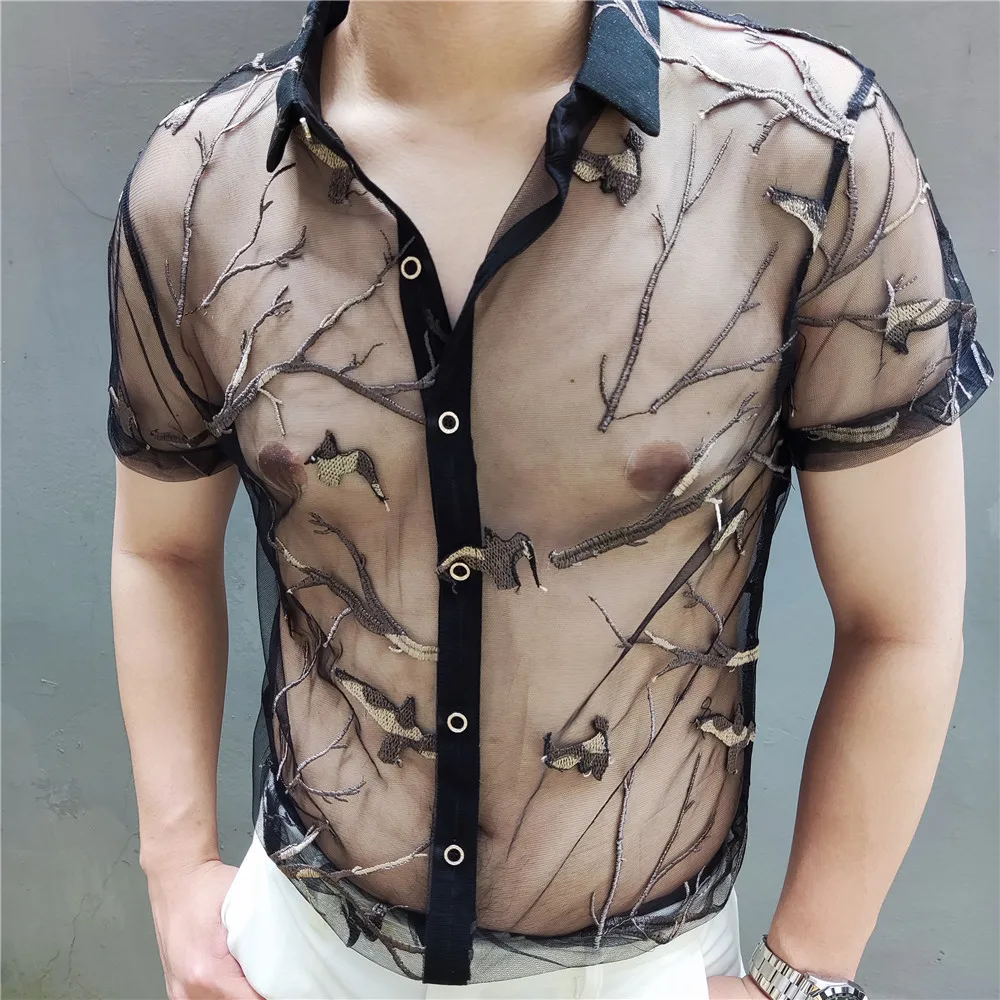 

Black Embroidery Tree Bird Pattern Shirt Trendy Transparent Shirt Sexy Shirt Men Short Sleeve Clothing See Through Social Club