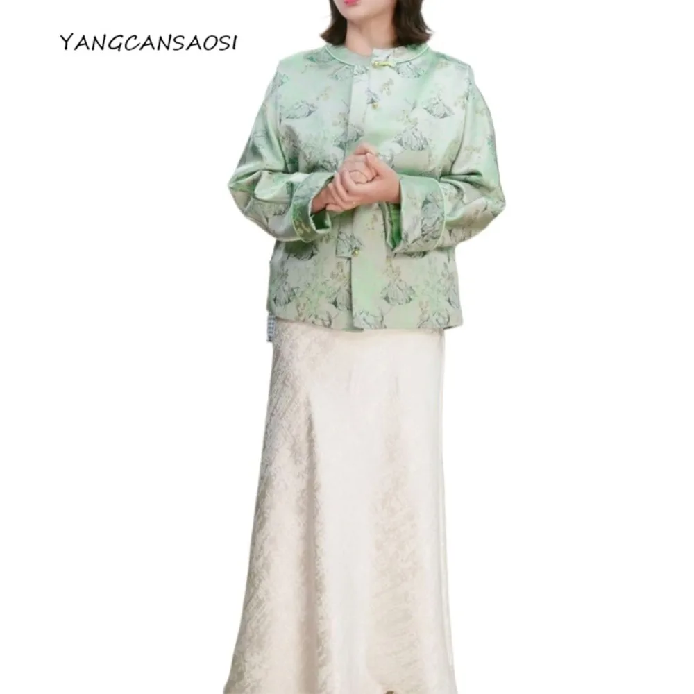 

2025 Women's Autumn Coat Natural Mulberry Silk Song Brocade Round Neck Long Sleeve New Chinese Style Single-breasted Jacket