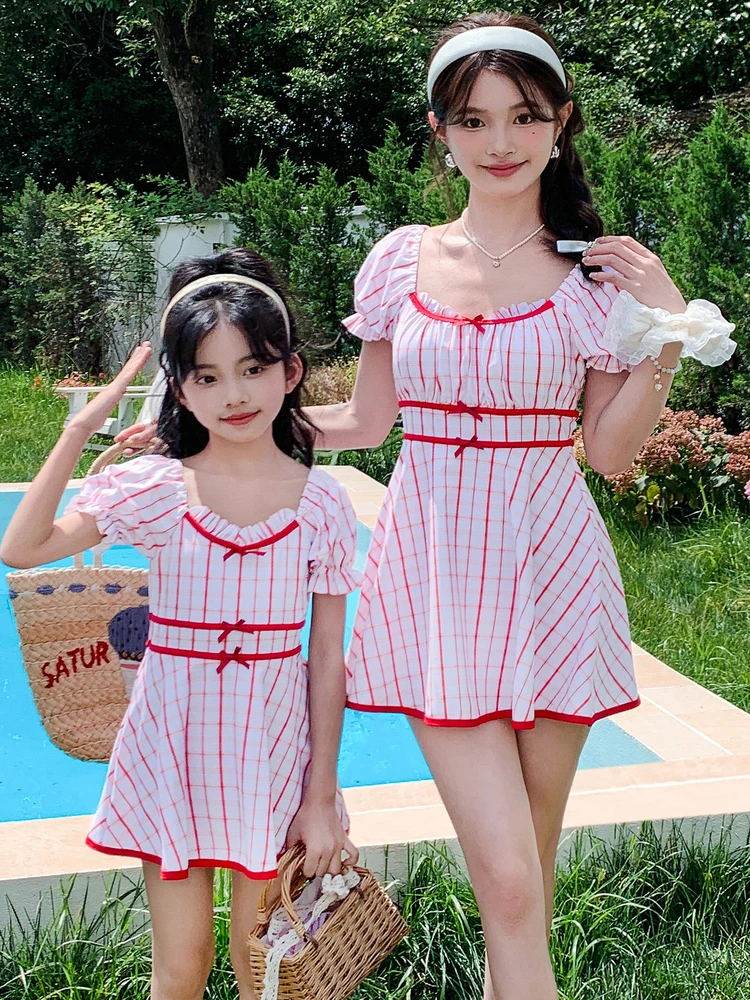 

Adorable Parent-Child Swimwear Baby Girl One-Piece High Waist Slimming Cute Children's Swimming Costume Fly Beach Outfit