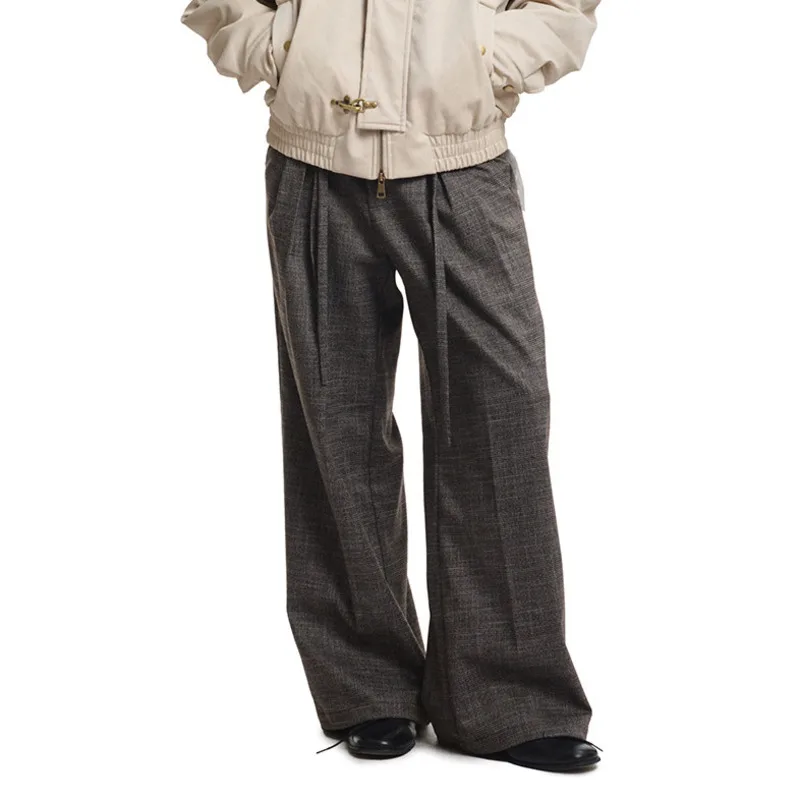 WVGA Spring Autumn New Men's Pattern Houndstooth Double Pleat Ribbon A-line Casual Pants Straight-leg Niche Trousers Ins W26411