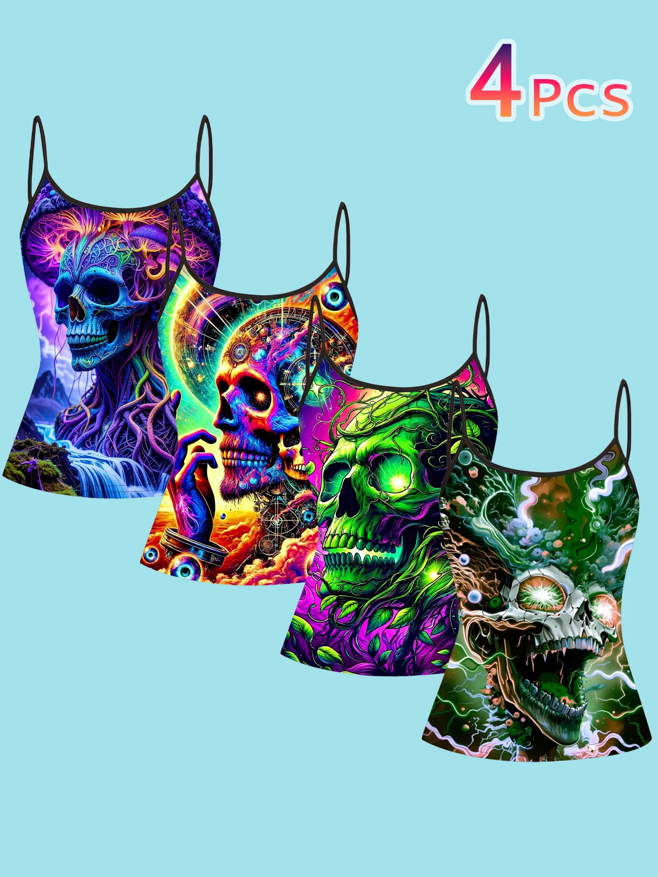 4-Piece Set of Women's Psychedelic Neon Skull Print Camisoles, Mushroom Vine Starry Sky Geometric Slim-Fit Spaghetti Strap Inner Tops