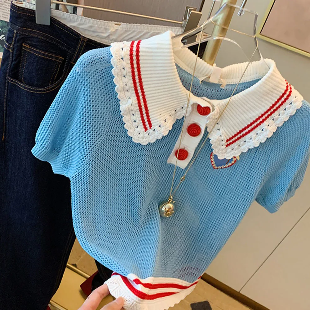 New 2024 Korean Fashion Polo Collar Women Sweaters Vintage Elegant Striped Bottoming Knit Shirt Women Summer Thin Pullovers Tops
