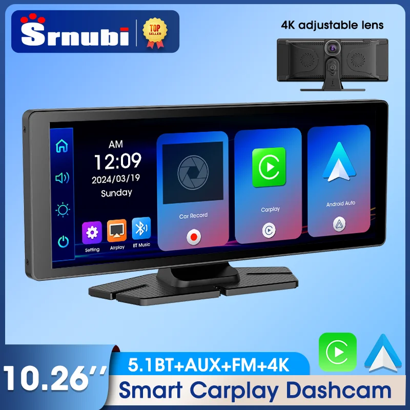 

Srnubi 10.26 inch Wireless CarPlay & Android Auto Dash Cam 4K DVR Navigation Dashboard AUX 5.1 BT FM Video Recorder 24H Park