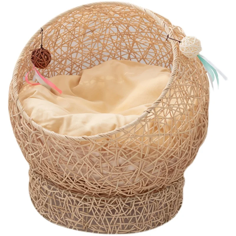 Summer Cat Nest Pure Natural Rattan Semi-Closed Air Permeable Removable and Washable Hanging Basket