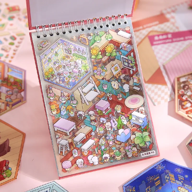 45Pcs Scenes Cartoon Landscape Sticker Book Forest Village DIY 3D Sticker Cabin Scene Pocket Birthday Gift for Kid