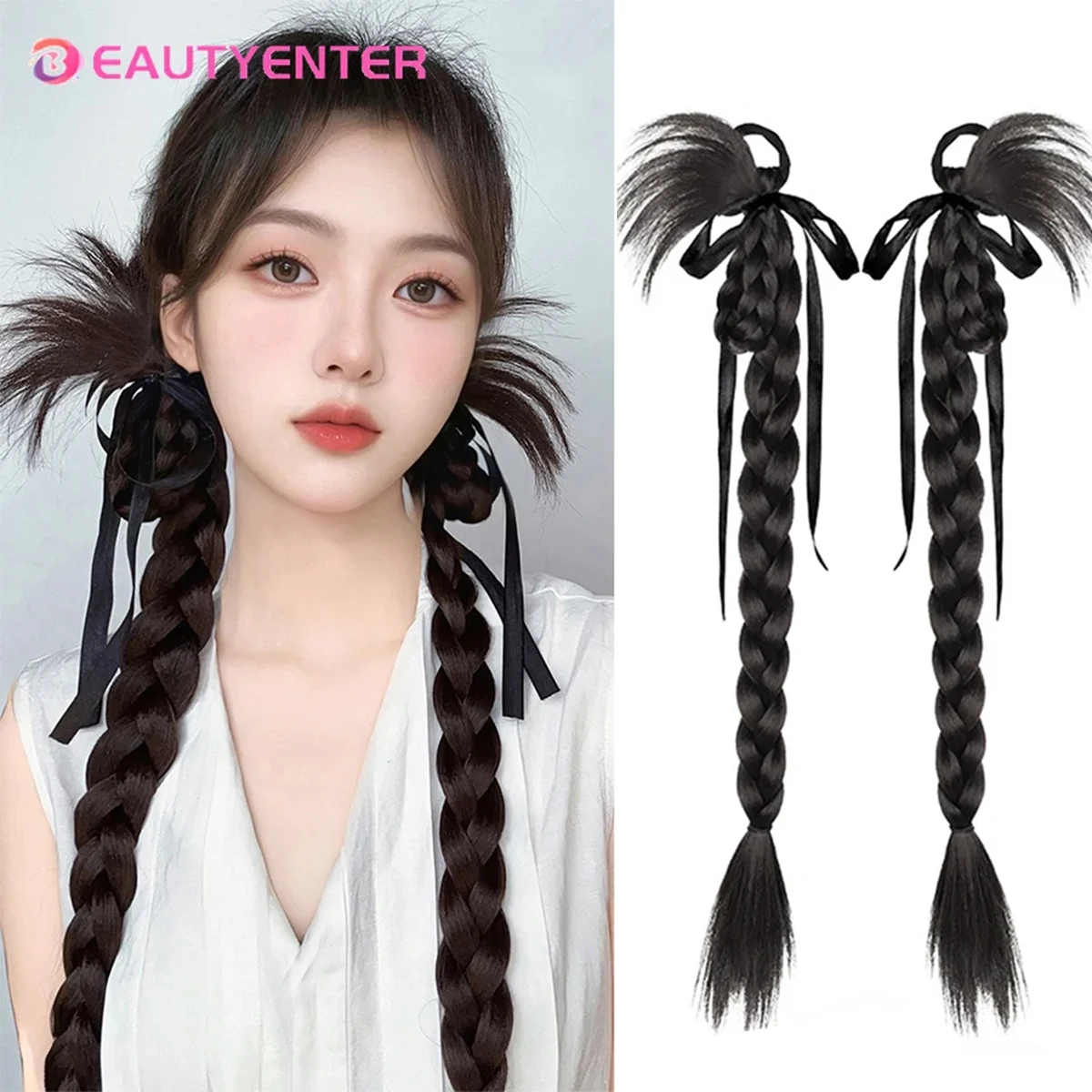 BEAUTYENTER Wig Braid Claw Clip Highlighted Color High Ponytail Sweet Cool Boxing Braid Half-tied Hair Twist Braid