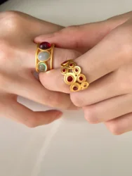 Brass Solid Colorful Stone Rings Women Jewelry Punk Boho Party Designer Club Cocktail Party Ins Rare Japan South Korean Trendy
