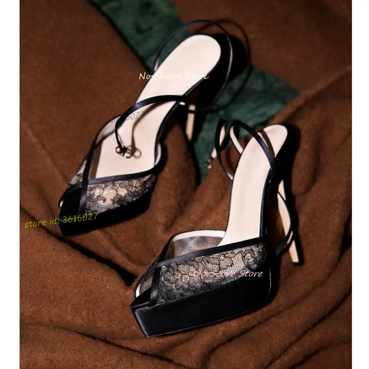 

Peep Toe Black Lace Sandals Satin Platform Pointy Toe Shallow Stiletto High Heels Pumps Ankle Buckle Sexy Women Party Shoes