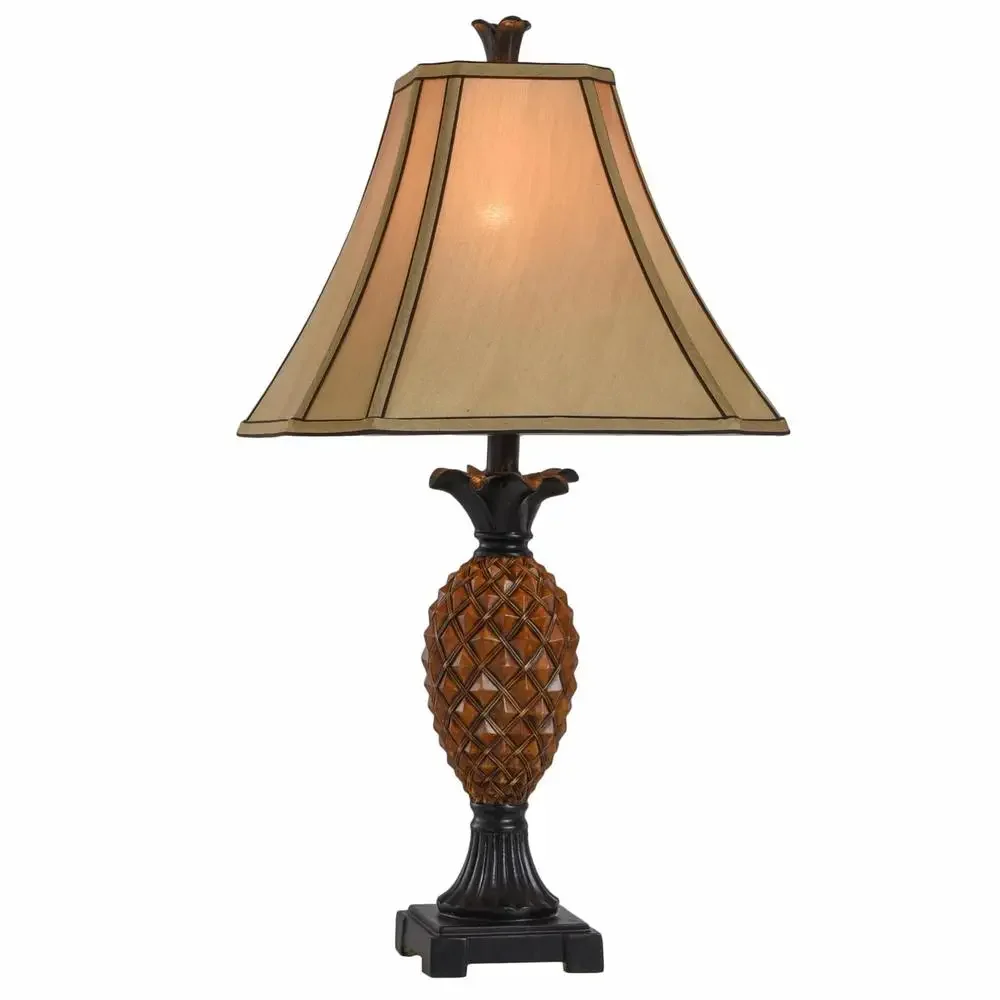 Textured Pineapple Table Lamp Brown Finish Beige Fabric Shade Tropical Design Poly Material 100W Bulb 5ft Cord Voltage 120V