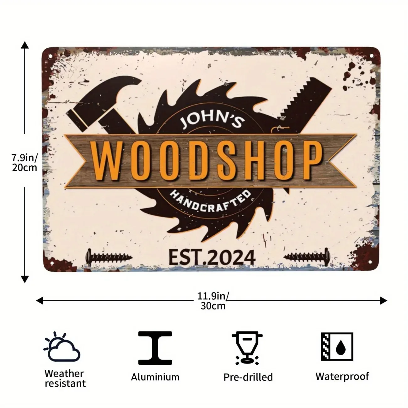 Personalized Custom Woodworking Carpenter Sign, Aluminum Wall Art, Vintage Decor for Garage Workshop Woodshop Ornament