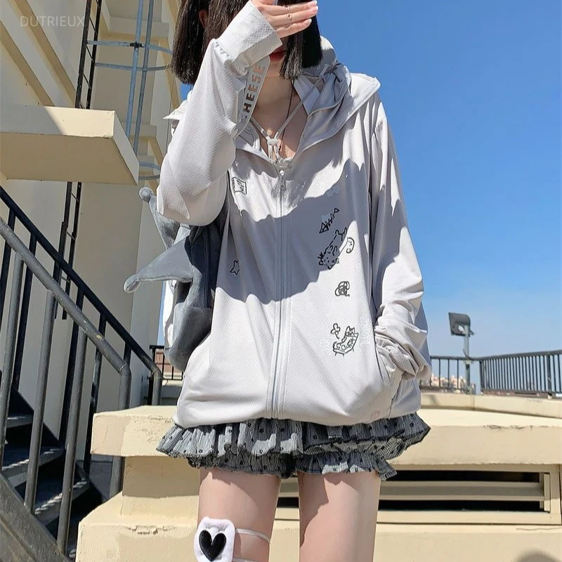 Japanese Fashion Summer Zipper Long Sleeve Cardigan Y2k Aesthetic Cartoon Print All Match Loose Sun Protecrtion Casual Clothes