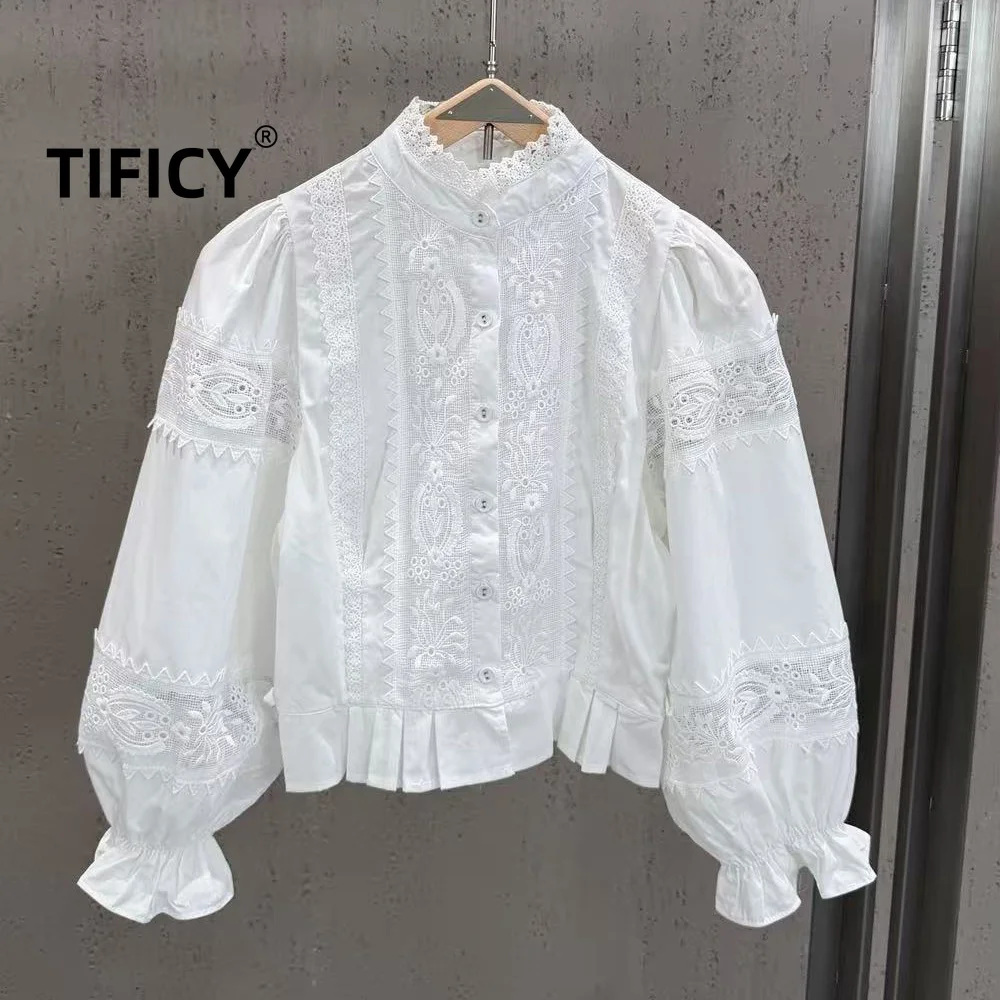 High Street Autumn New British Style Bubble Sleeve Lace Shirt Women's Embroidered Small Stand Collar Lantern Sleeve shrits Top