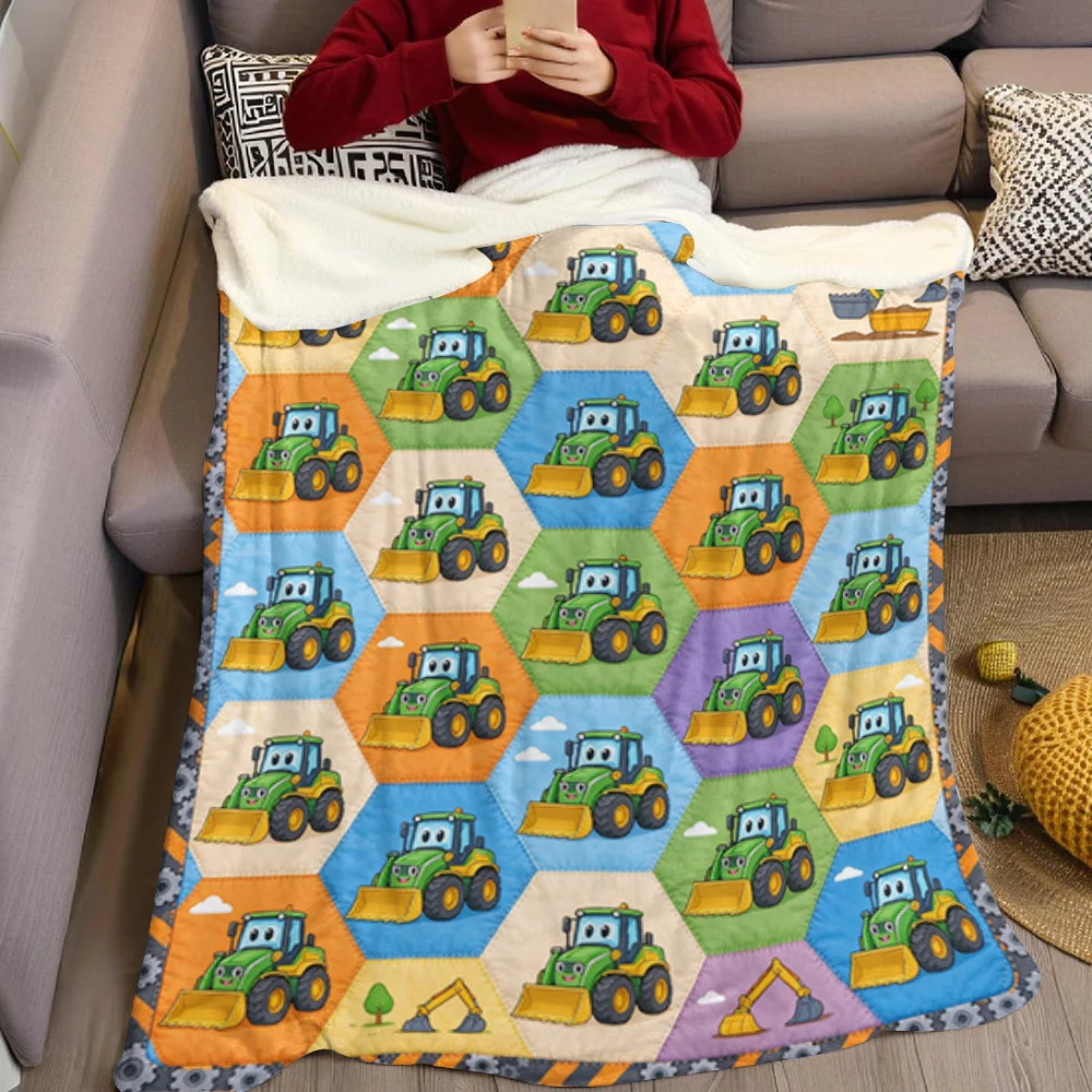 Green Tractor Bolt Grid Flannel Blanket Perfect for Sofa Office Bed Travel Sleep Read Relax Camping Four Season Use