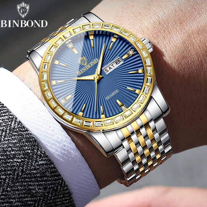 BINBOND-ساعة كوارتز فاخرة للرجال مرصعة بالماس ، عمل ، مضيئة ، مقاومة للماء ، ترفيه ، موضة ، رفيعة جدًا ، طالب ، رياضة