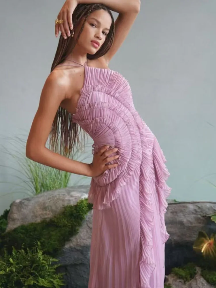 Elegant Fold Ruffles Halter Long Dress Women Sleeveless Backless Summer Beach Vacation Chiffon Dresses Irregular Purple Robes