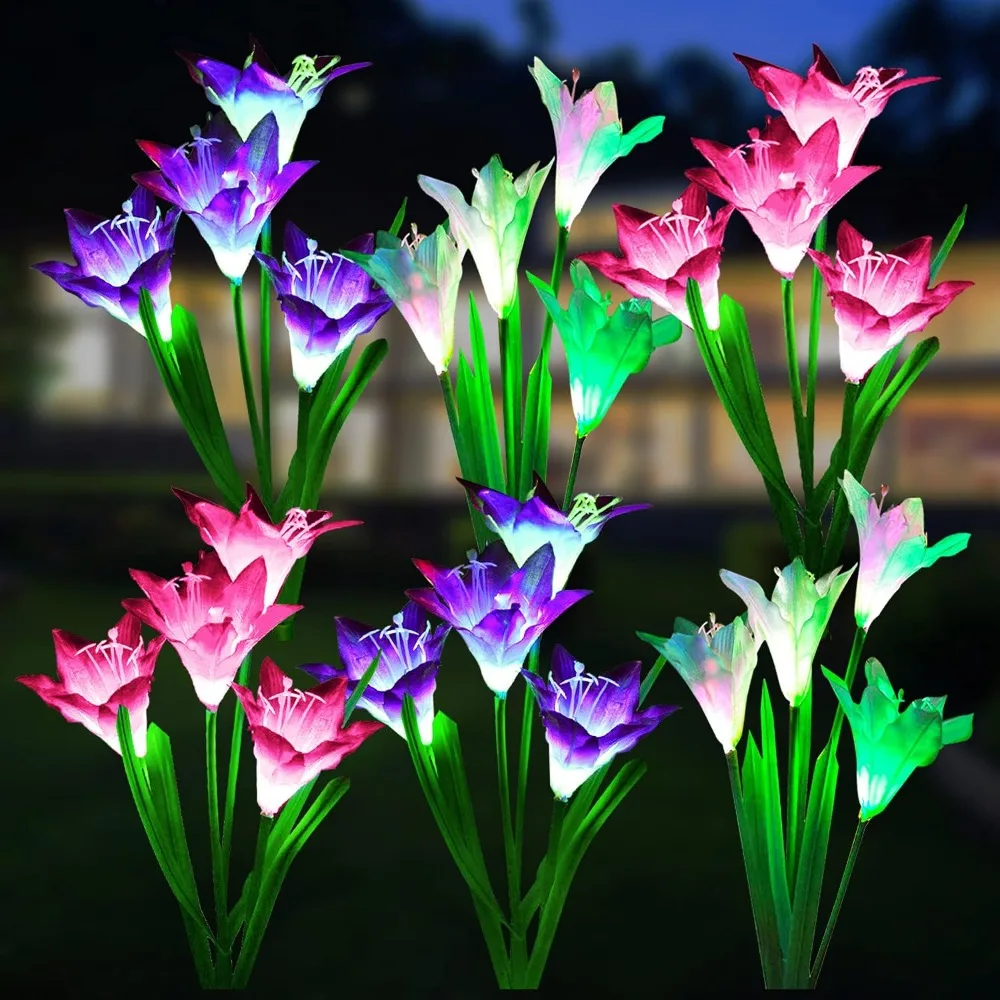 

6-Pack Solar Flower Lights - 24 LED Lily Lights, Waterproof Color-Changing Outdoor Decor for Garden/Patio/Yard