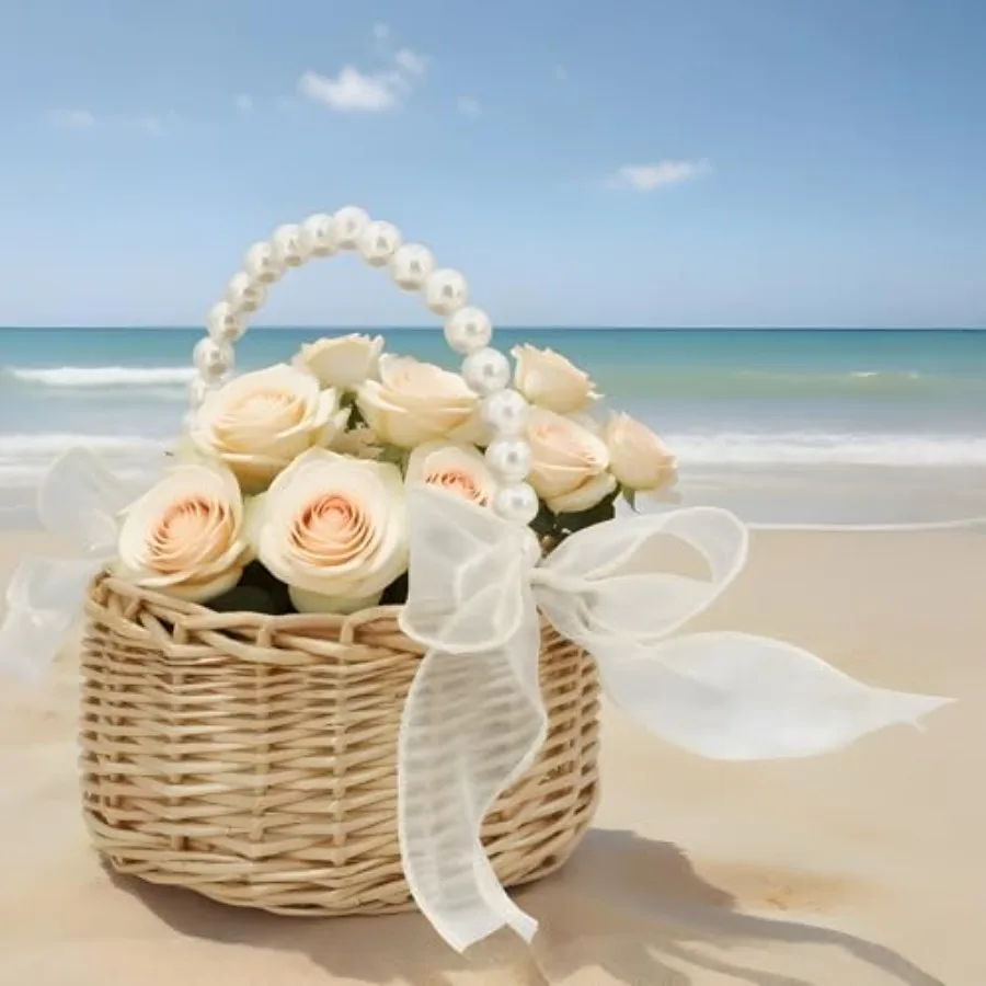 Flower Girl Basket Woven Rattan Wedding Basket with Pearl Handle Lace Bow for Rustic Elegant Flower Holding Perfect for Wedding