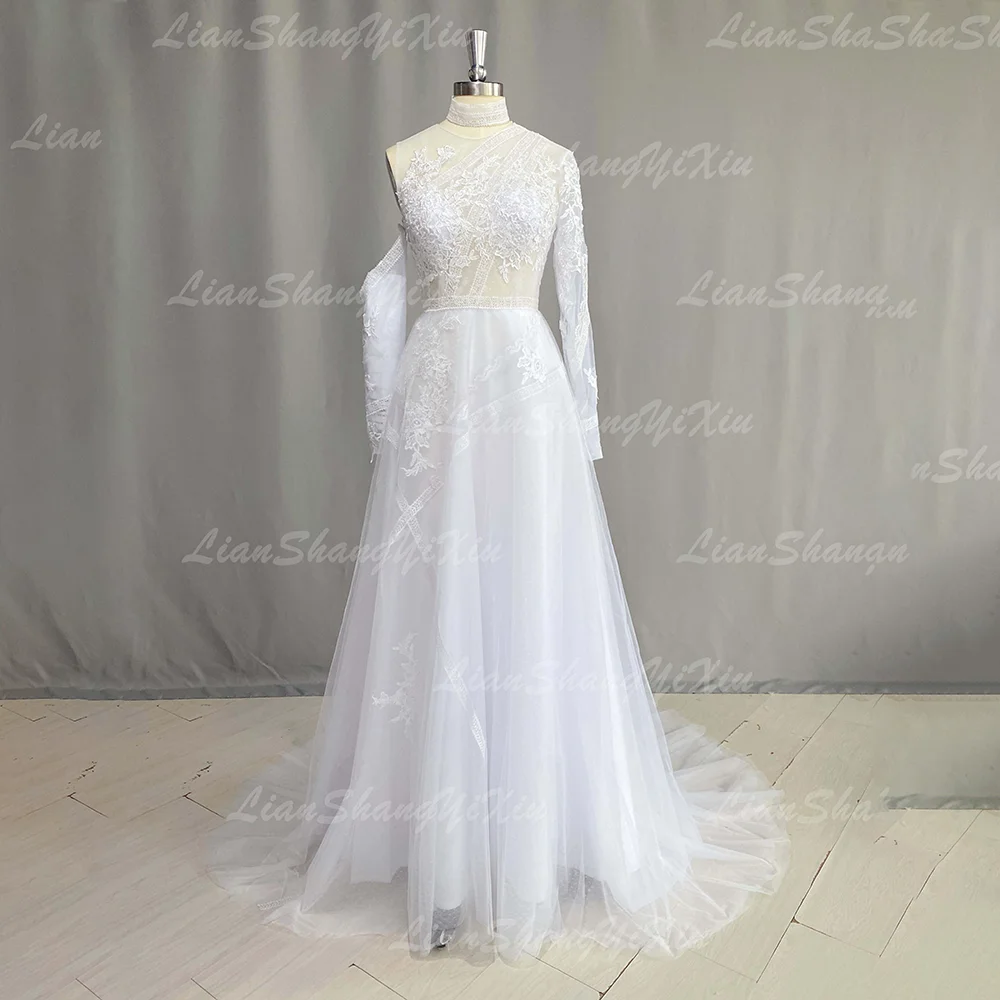 One Shoulder Long Sleeve Lace Applique Wedding Dress Illusion Back A Line Tulle Bridal Gown Train Wedding Party Robe De Mariee