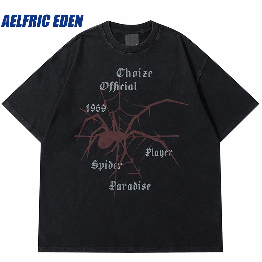 Aelfric Eden Spider Graphic T-Shirt Men Streetwear Tshirt Washed Vintage T Shirt 2023 Summer Harajuku Hip Hop Tops Tees Cotton