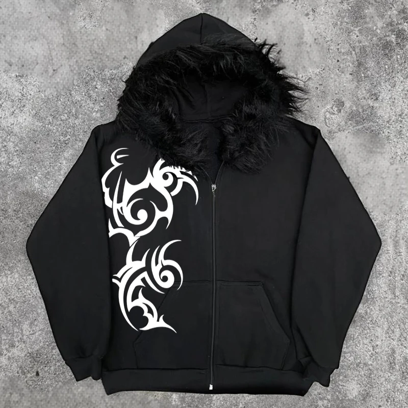 Tik Tok hot selling American style men's and women's plush fur collar decoration personalized print punk Gothic Y2K Harajuku