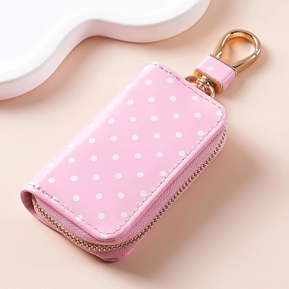 Durable Polka Dot Key Pouch Compact Metal Clasp Zipper Key Protection Cover Water Resistant Pu Leather Small Wallet