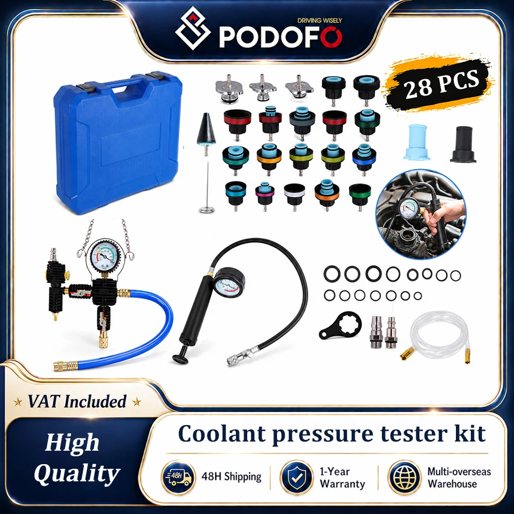 Podofo 28-teiliges Kühlsystem-Druckprüf- und Vakuum-Nachfüllwerkzeug-Set, Kfz-Kühlsystem-Lecktest- und pneumatisches Entlüftungs- und Füllset mit Testadapterkappen, universelles