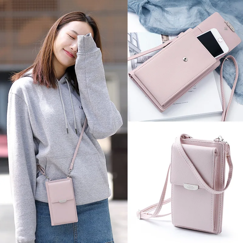 

2021 New Women Purses Solid Color Leather Shoulder Strap Bag Mobile Phone Bag Card Holders Wallet Handbag Pockets for Girls