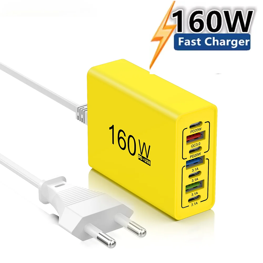 إجمالي 160 واط شاحن USB 7 منافذ نوع C شحن سريع الهاتف المحمول الجدار محول الاتحاد الأوروبي/الولايات المتحدة التوصيل آيفون 16 برو سامسونج شاومي هواوي