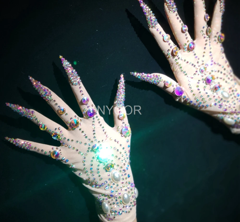 Luxurious Crystals Pearls Gloves Women Sparkly Crystal short Gloves Dancer Singer Nightclub Stage Performance Show Accessories