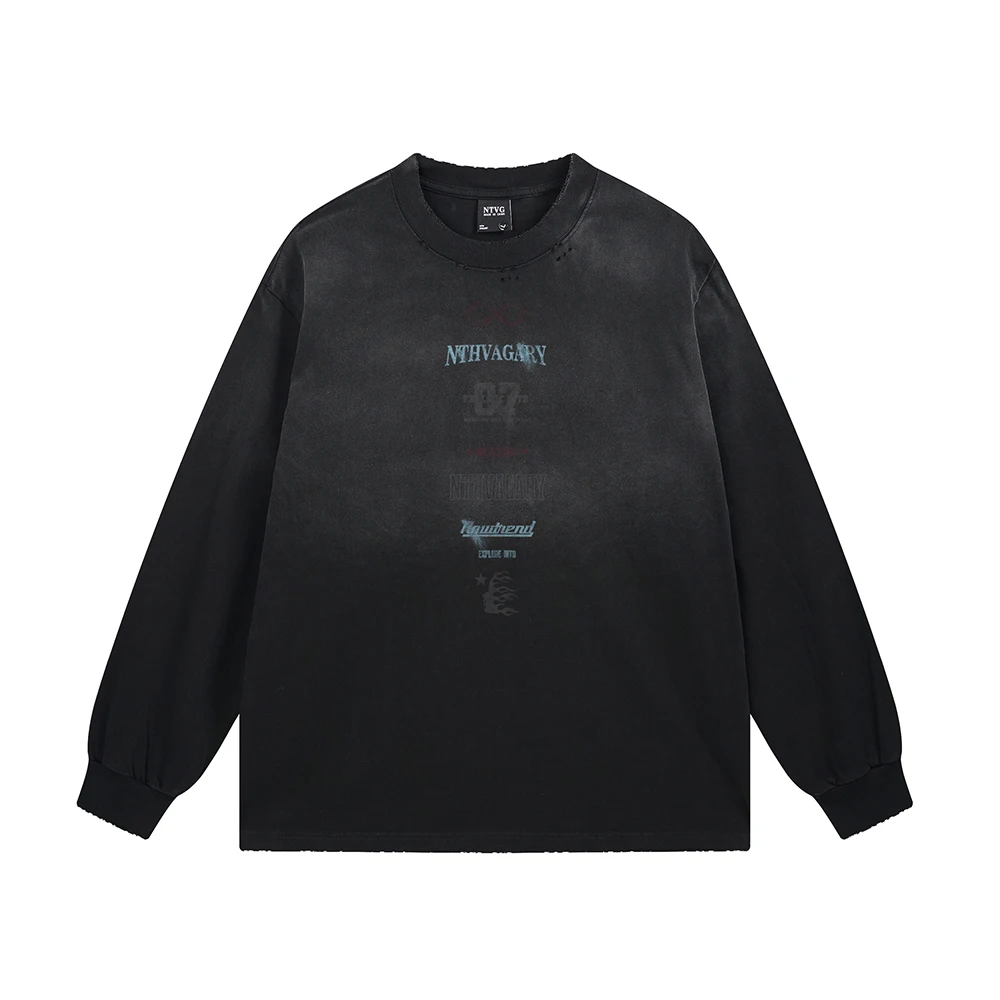 Retro Washed Vintage Print Men's T-shirt Ripped Goth Oversized Y2k Punk Clothing Streetwear Cotton T Shirt Long Sleeve Tops Tee