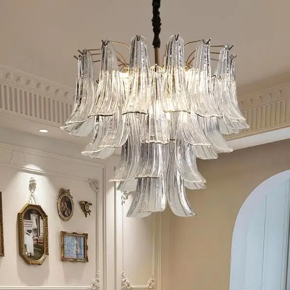 Murano Style Glass Chandelier Clear Textured Trumpet Design Multi-Layer Cascade Pendant Light for Living Room Dining Villa