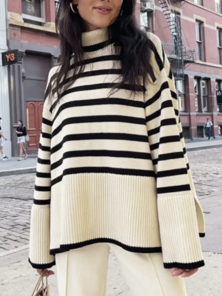 Tossy Winter Women’s Long Sleeves Knit Sweater Turtleneck Striped Print Loose Pullover Tops 2023 New Autumn Oversized Sweater