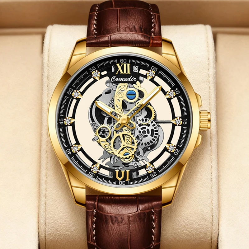 

Мужские желто-коричневые кварцевые часы в деловом стиле с текстурированными полыми отверстиями и искусственной кожей.