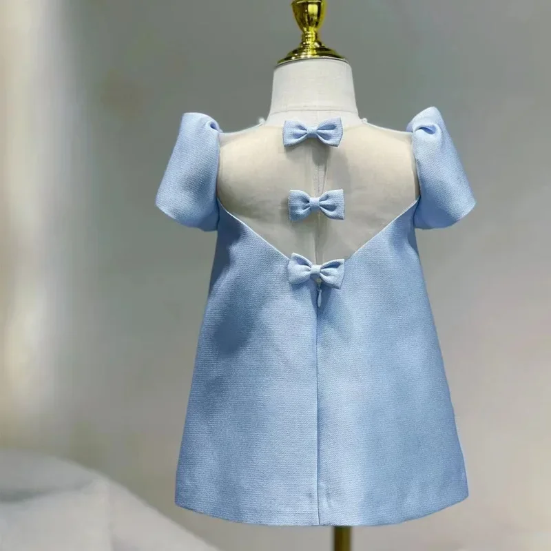 Chic Elegant Dress for Kids Girl Infants Beading Bowknot Blue Dresses for Birthday Party Children Luxurious Partywear Summer