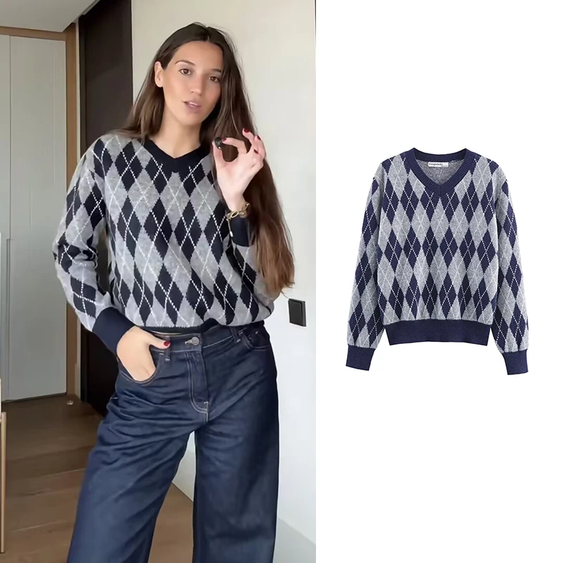

Зимний женский свитер, пуловер, новинка 2025 года, модный свободный теплый элегантный пуловер в клетку с бриллиантами, шикарный уличный женский зимний свитер