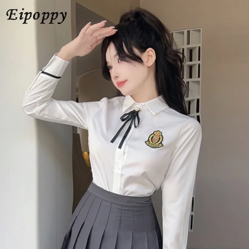 Fall Long Sleeve White Shirt Women's British College Style School Uniform Shirt Bow Tie Anti-Aging Top