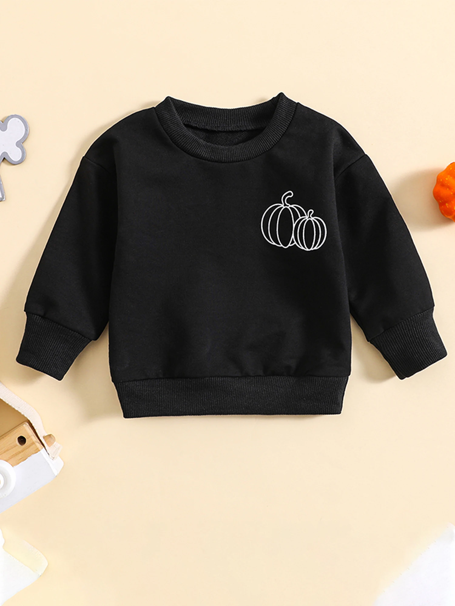 

Kids Halloween Costume Hoodie Black Long Sleeve Pumpkin Print Pullover Crew Neck Sweatshirt for Boys and Toddlers