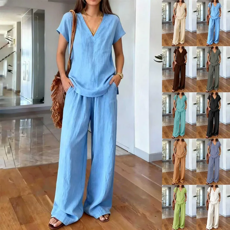 Casual Wide Leg Set Minimalist with One Third Sleeve Fresh and Sweet Simple Summer Regular Length Top Woven V Neck Women Sets