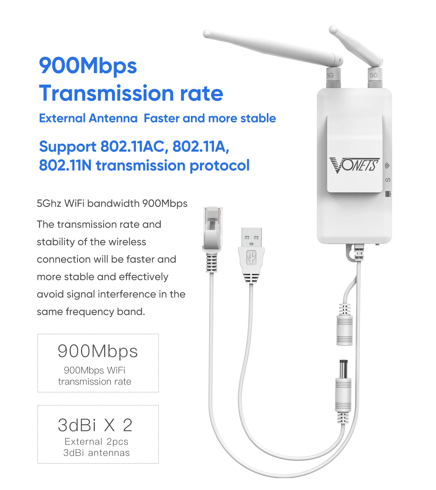 VONETS 5GHz WiFi Bridge/Router/Repeater WiFi to Ethernet Adapter for DVR IoT IP Camera Monitor Video Transmission VAP11S-5G Fan