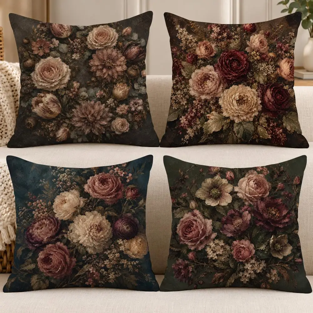Art Vintage V-Vintage Floral Still Life Oil Cushion Cover Soft Short Cover Washable Sofa Bed Dorm Garden Home Office Chair Decor