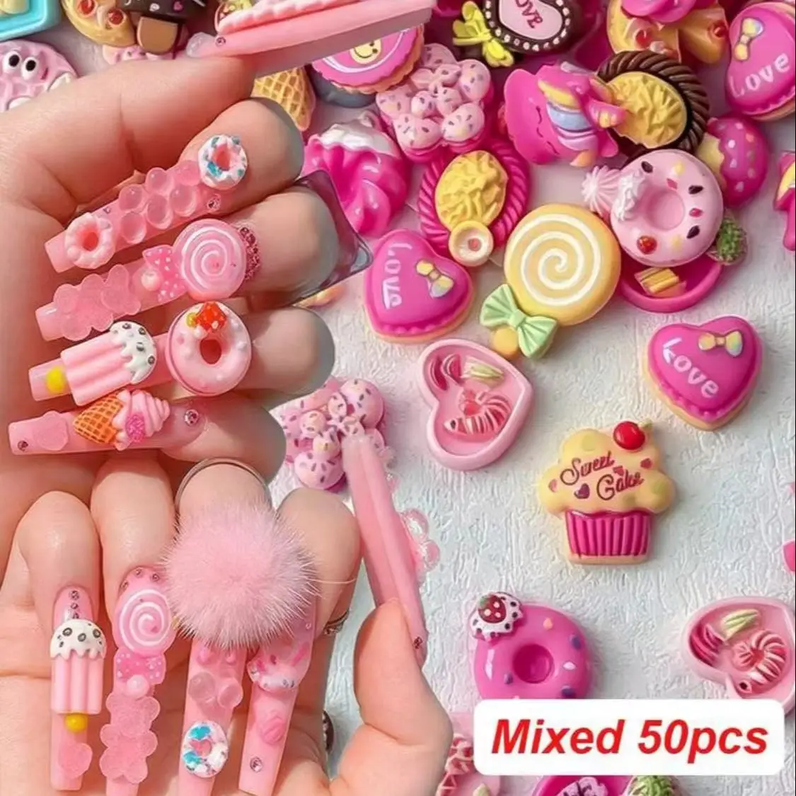 50Pcs Kawaii Pink Dessert Resin Charms Mixed Donut Cake Candy Flatback Cabochons DIY Hair Clip Phone Case Decoden Supplies