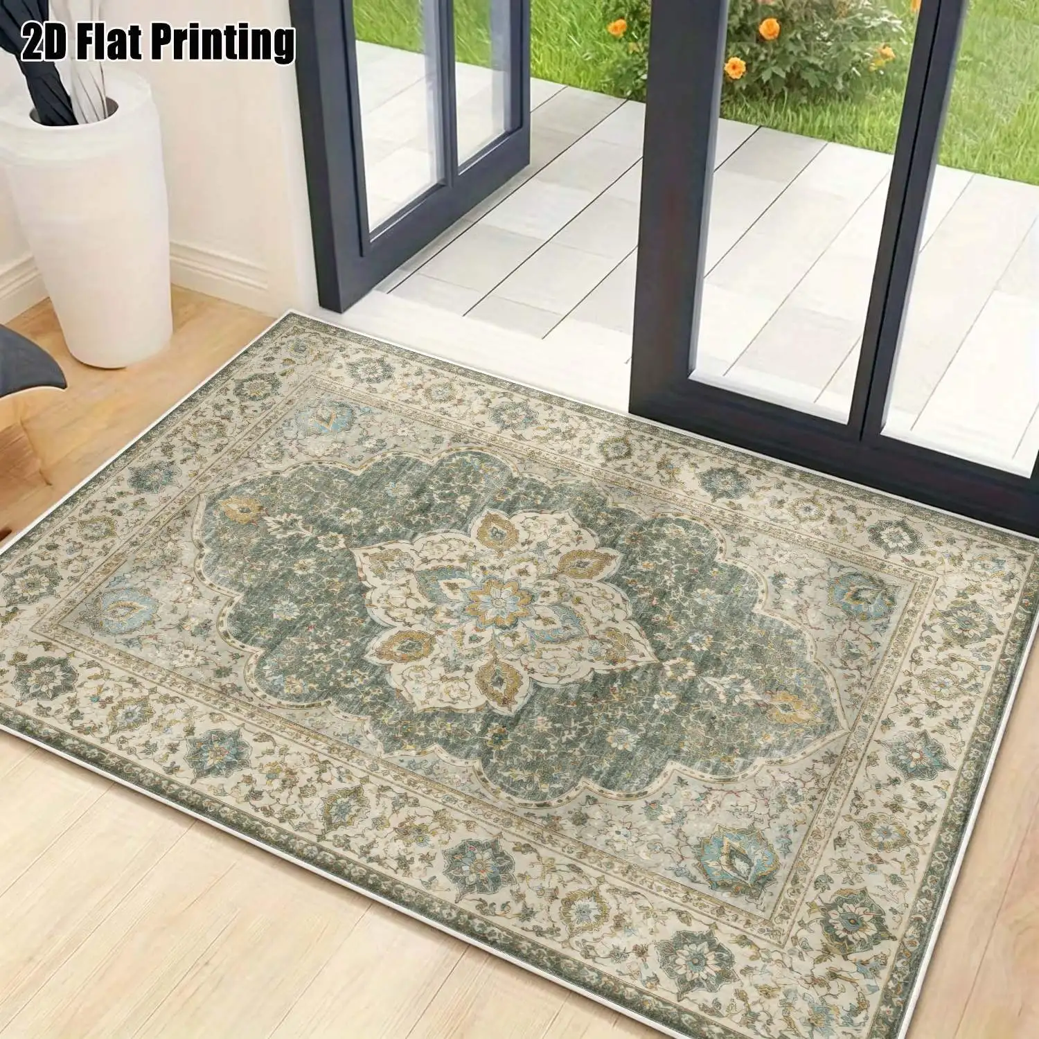 1Pc 2D Printed Blue-Grey Retro Floral Velvet Carpet, European/Vintage/Bohemian Style, Home Decor, Multi-Size, Machine Washable, for Entrance, Dining, Bedroom, Living Room