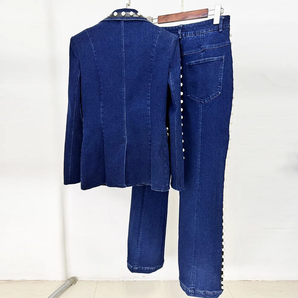 HIGH QUALITY Newest 2026 Runway Designer Suit Set Women's Beaded Denim Jacket Jeans Set 2PCS view 2