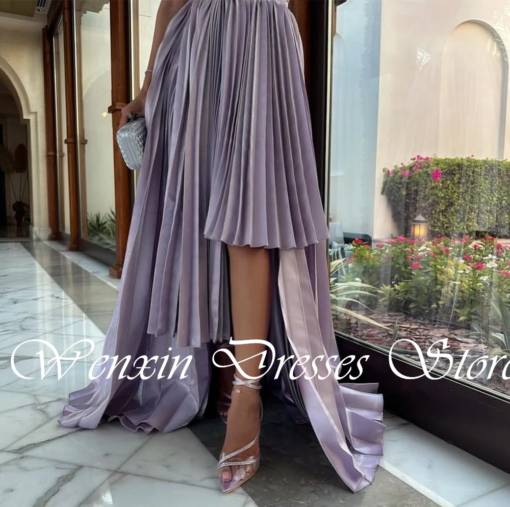 Delicate and Elegant Purple Satin Scalloped Lace Up Back Evening Dress A-Line Off the Shoulder Sweep Train Pleats Short Sleeves