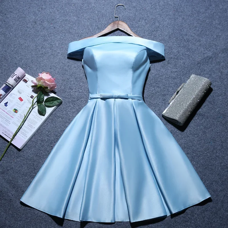 Ablehnen Rückkehr grau Champagner blau rosa Satin Brautjungfer Kleider Mädchen Party formelle Kleider elegante Nacht kurze Abschluss ball Abendkleid